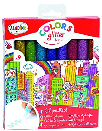 Aladine - Colors Glitter Tonic - Crayons Gel Paillettes - Loisirs Créatifs Enfant - 9 Crayons pour Faire Briller les Dessins - À partir de 5 Ans