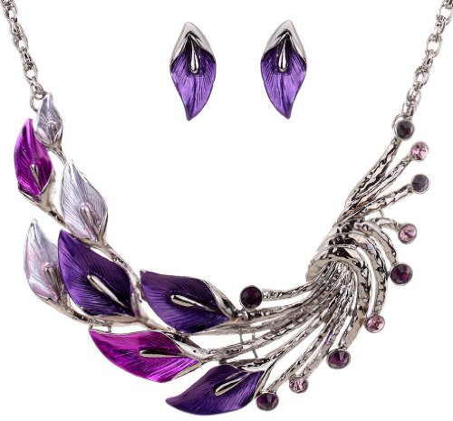 YAZILIND Ethnic Style Tibetan Silver Purple Peacock Crystal Chunky Bib Crystal Earrings Necklace Set Wedding Party