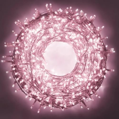 Partenopea serie stringa catena luminosa di luci 500 LED per albero di Natale da Esterno natalizie ed Interno controller con 8 giochi di luce e Memoria cavo trasparente (Luce Rosa, 25 mt)