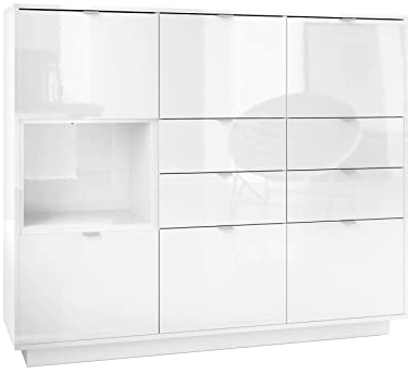 Vladon Highboard Sideboard Metro V2, Made in Germany, Korpus in Weiß Hochglanz/Fronten in Weiß Hochglanz mit Einsatz in Weiß Hochglanz