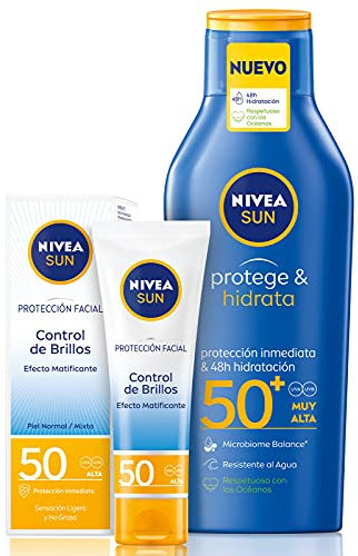 Nivea Sun Protege & Hidrata - Leche solar FP50+, hidratante, resistente al agua, protección UVA/UVB - 400 ml + Crema solar facial con protección solar FP50 - 50 ml