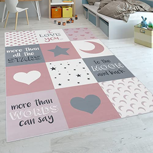 Paco Home Tapis Chambre Enfant Filles Curs Étoiles Lune Inscription Rose Gris, Dimension:180x280 cm