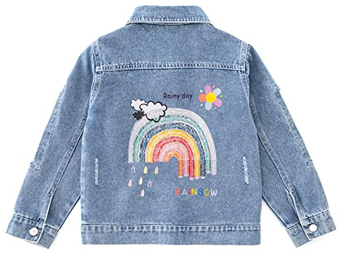 LSHEL Jeansjacke Mädchen Langarm Denim Jacket Kinder Schmetterlinge Übergangsjacke mit Pailletten, Regenbogen, 152-158(Etikettengröße: 160)