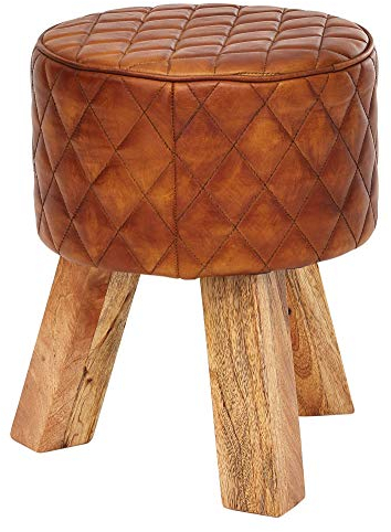 FineBuy Sitzhocker Echtleder/Massivholz 35x46x35 cm Modern Fußhocker Rund, Turnbock Lederhocker Braun, Kleiner Hocker Gepolstert, Holzhocker mit Leder-Bezug