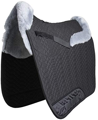 Engel Reitsport | SCHABRA4-D-SCH-SIL | Schabracke | Lammfell im Sattelbereich - Half Lined | Steppstoff | Fellkranz vorne & hinten | Dressur | Stoff schwarz Fell Silber