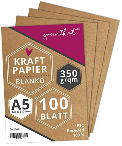 Kraftpapier DIN A5 I 350 g/m² starkes Recycling Designpapier I 100er Set I in Blanko zum selbst-gestalten DIY I zum schreiben malen I dv847