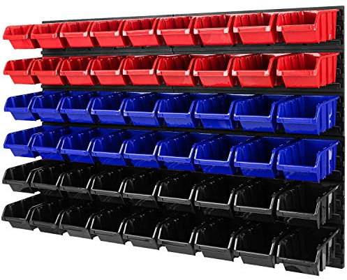 PAFEN Stapelboxen Wandregal - 1152 x 780 mm - Lagersystem 54 TLG Boxen Werkzeuglochwand Schüttenregal (Rot/Blau/Schwarz)