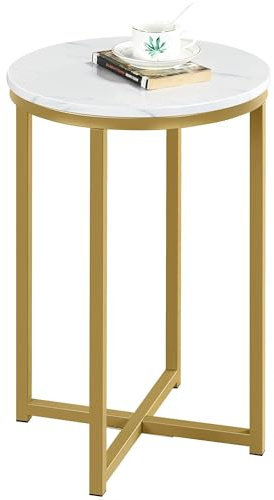 Yaheetech Round Faux Marble Side Table with X-Frame, Mustard Gold