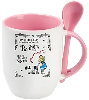 Alice in Wonderland Have I Gone Mad Birthday Gift Secret Santa Bonkers Hearts Coffee Tea Mug Unique Spoon Ceramic Mug. (Pink Spoon)