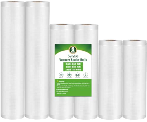 Syntus Vacuum Sealer Bags, 6 Pack 2 Rolls 11 x 10' and 2 Rolls 8 x 10' and 2 Rolls 6 x 10' Commercial Grade BPA Free Bag Rolls, Food Vac Bags for Storage, Meal Prep or Sous Vide