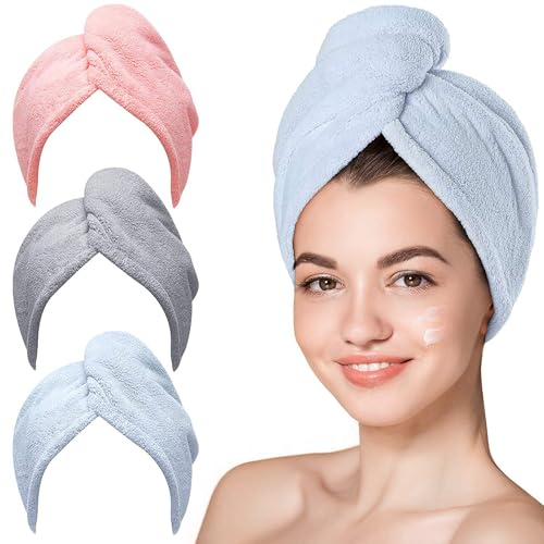 3 Packs Hair Drying Towels Microfibre Hair Towel Wrap Hair Caps with Buttons Bath Loop Soft and Anti Frizz Hair Turban Towel Quick Drying Curly Hair Towel Absorbent Microfiber Bath Hair Cap for Women