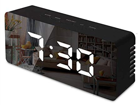 FXDM Digital Mirror Alarm, LED Bedside Clock with Temperature, Snooze,voice Control Makeup Mirror Adjustable Brightness LED Clock-Black, One Size (F05)