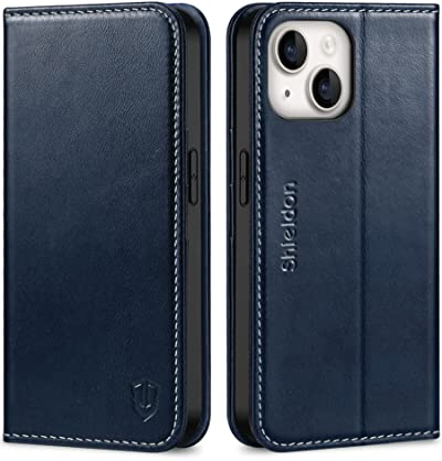 SHIELDON Wallet Case for iPhone 14 5G, Genuine Leather Folio Case with [RFID Blocking][Credit Card Holder][Kickstand] TPU Shockproof Magnetic Flip Cover Compatible with iPhone 14 6.1, Retro Dark Blue