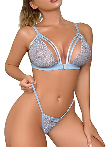 Niwicee Ensemble Sexy Lingerie Feminin Soutiens-Gorge Dentelle Sexy G-String Brassière Nuit Nuisette 2 Pièces Ouverture Frontale Ajustable Bra Push Up sous-vêtements Culotte Ensemble-E-Bleu-M