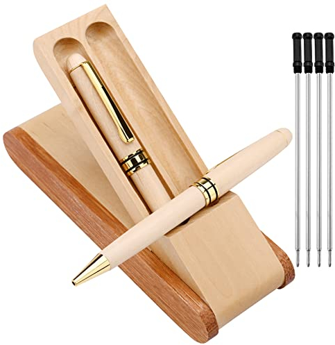 Kugelschreiber Set,2 Stück Bambus Holzkugelschreiber mit 4 Stück Kugelschreiberminen und Holzetui Box Einziehbarer Schwarzer Tinte Stifte Rollerball Gel Tintenstifte für Den Büroalltag und Zuhause