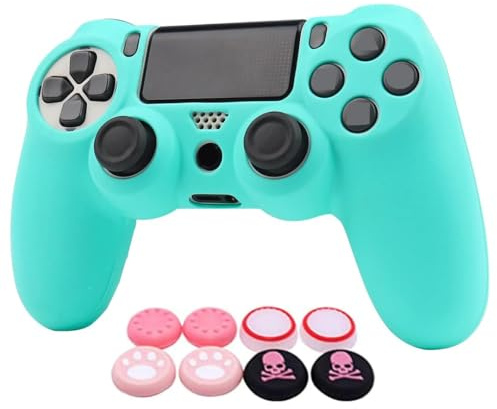 RALAN Funda protectora de silicona para mando de PS4, antideslizante, compatible con controladores Playstation 4/PS4 Slim/PS4 Pro (6 empuñaduras de pulgar Pro rosa, 2 empuñaduras de calavera).