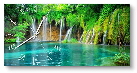 DEQORI Glasuhr | vertikal 60x30 cm | Motiv Wasserfälle in Kroatien | große XXL Design Uhr aus Glas | leise Wanduhr für Wohnzimmer & Küche | moderne Hingucker Uhr für die Wand