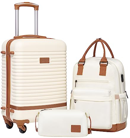 COOLIFE Suitcase Set, 3 Piece Luggage Sets with Travel Backpack and Toiletry Bag, TSA Lock Spinner Wheels (White/Brown, 20 Inch Luggage Set)