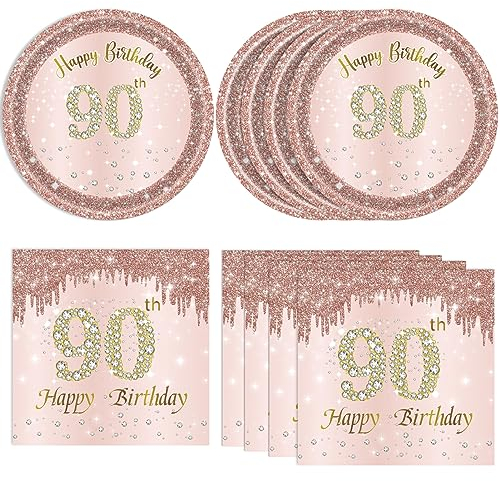 Lot de 40 décorations de fête d'anniversaire pour femme - Or rose - Vaisselle de fête d'anniversaire de 90 ans - Assiettes, serviettes, fournitures de fête vintage 1933