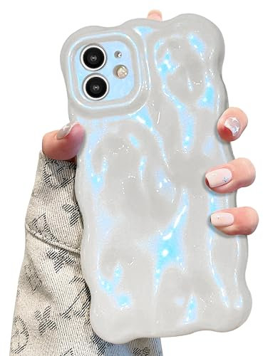 UEEBAI Case for iPhone 11 6.1 inch, Cute Solid Color Curly Wave Shape Shockproof Soft TPU Bumper Phone Case, Candy Color Water Ripple 3D Silicone Slim Pretty Case Non-yellowing Cover, Pearl Blue