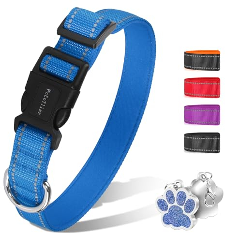 PcEoTllar Hundehalsband Gepolstert, Reflektierend Hunde Halsband für Kleine Hunde, Verstellbare Hundehalsband für Grosse Hund, Weich Neopren Halsbänder, Blau (25-35cm)