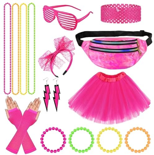 80er Jahre Outfit Damen Set, 90er Jahre Accessoires Kleidung, Aerobic Outfit Kostüm Bauchtasche,Stirnband,Ohrring Halskette,Brille, Retro Neonrosa Fasching Party Karneval Kostüm Zubehör (A)