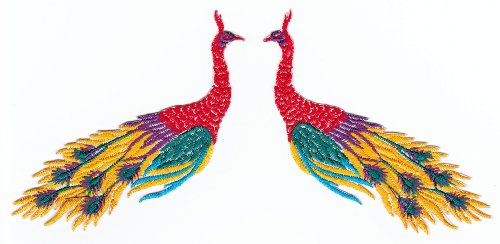 Pfau Vogel Bunt 2 Stück Aufnäher zum aufbügeln oder aufnähen Bügelbild Aufbügler für Kleidung gestickter Bügelpatch Applikation Patch Größe eines Vogels 11,8 x 8,0 cm