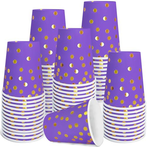 WYQJHKV Violette und goldene Pappbecher, 266 ml, lila und goldfarben, Einwegbecher, Goldfolien-Punkt-Pappbecher für Geburtstag, Hochzeit, Partyzubehör (50 Stück)