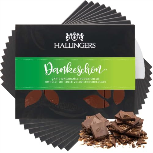Hallingers Genuss Manufaktur Schokolade Dankeschön-Geschenk - Tafel Edelkakao handgeschöpft ohne Alkohol edler Karton 10x Dankeschön Macadamia-Nougat, Geschenkidee für Frauen Männer