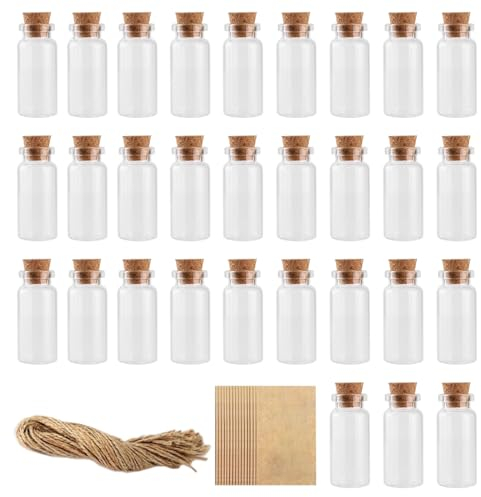 GESDYO 30pcs 10ml Mini Glasfläschchen Wunschflaschen Kleine Reagenzglas mit Korken Wunsch und Nachrichtenflasche Mit 30 Hanfseil 30 Etikettenkarten für Hochzeitsfeier, Dekoration, Wunsch