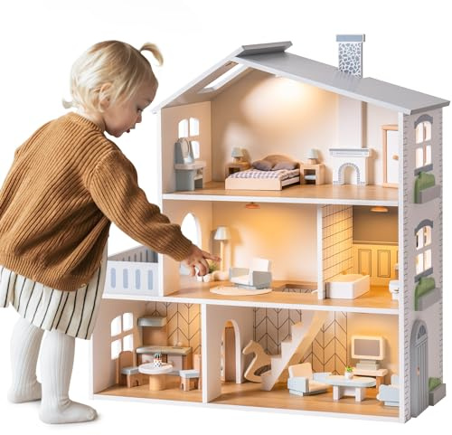 ROBOTIME Wooden Dollhouse, Wooden Doll House with 29 Pieces of Furniture, 6 Rooms Fits 4-6 Inch Dolls, Gift for Kids Ages 3+