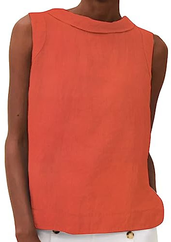 Women's Cotton Linen Tank Tops High Neck Casual Cami Sleeveless Camisole Blouses Summer Basic Shirt Solid Color Crop Tops(Red,Large)