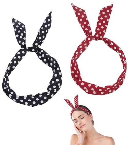 Wired Headband for Women Girls, 2 Pieces Red and White Polka Dot Headbands, Retro 1940s Headscarf Vintage Twist Bow Wire Headbands Headwrap Hair Accessories (Red & Black, One Size)