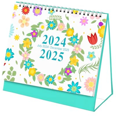 Schreibtischunterlage Kalender, Juli 2024 - Dezember 2025, Monats-, Tagesplaner, Desktop-Kalender, akademischer Jahresplaner für Schule, Büro, Zuhause, Doppeldraht (Blume)