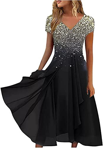 Keepink Wedding Guest Dresses for Women UK Short Sleeve Wrap Dress Chiffon Empire Waist A Line Dress Bridesmaid Dresses Occasion Evening Dress Plus Size Summer Dresses 8-22 UK Sale