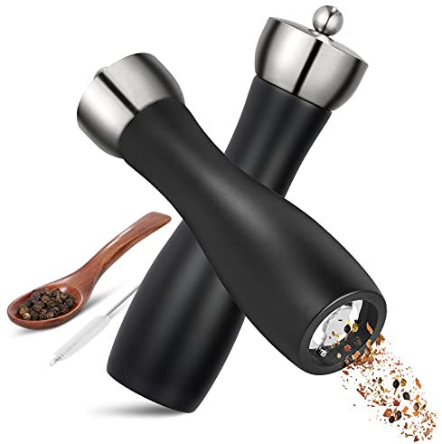 Salz- und Pfeffermühlen Set 2 Stück Salzmühle Gewürzmühle schwarz Mahlwerk Pfeffermühle mit einstellbarer Schärfe, Pfefferstreu Salzstreuer Edelstahl Salzmühle Chilimühle [Ohne Gewürzinhalt]