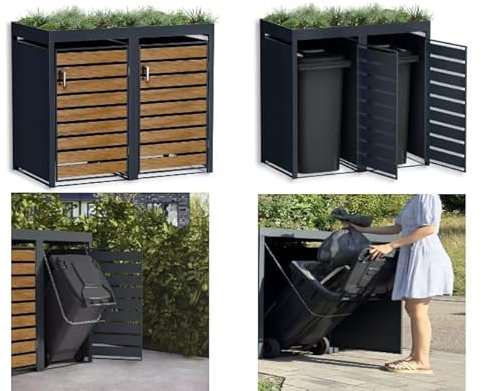 DWD® Garden Double Wheelie Bin Hideaway with Plant Roof 120L/240L Waste Bin Storage Shed w/Locking Door Outdoor Hygienic Rustproof Dustbin Powdercoated Steel Matt Grey RAL7016 with Wood Effect Doors