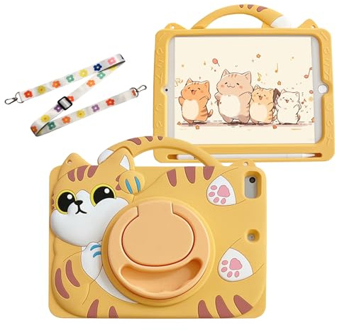 SINQERISHT Tablet Case for Galaxy Tab A8 10.5 inch 2022 Model (SM-X200/X205/X207) Cover with 360° Swivel Stand/Handle Grip/Shoulder Strap,Shockproof Silicone Cover 3D Lovely Cat Case(Orange Yellow)