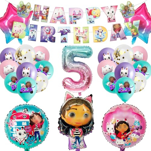 ballon 27 Stück Geburtstagsdeko Mädchen Junge Deko 5 Jahre, Gabys Thema Kindergeburtstag Luftballons Decoration, Kindergeburtstag Folienballon mit Happy Birthday Banners für Kindergeburtstag Party