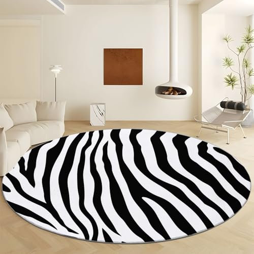 Runde Teppiche 100 cm, Waschbarer Runder Teppich für das Wohnzimmer, Zebra Textur mit Tiermuster Rutschfester Niedrigflor-Teppich, Weicher Schwarz Teppich für Schlafzimmer