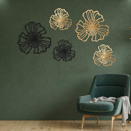 Fyeme 5 Stück Wanddeko Metall Boho Wanddeko mit Anschließen 2 Größen Doppelschichtiges Strukturdesign 3D Stereo Wanddeko Wohnzimmer für Wohnzimmer Schlafzimmer Esszimmer Büro (Schwarz+Gold)