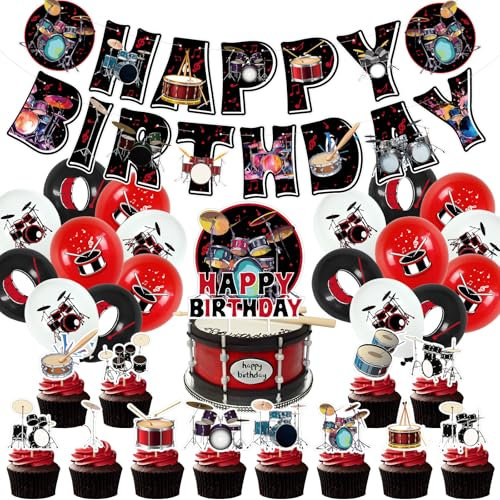 Drum Party Musik Dekoration,32 Pcs Rock Roll Geburtstag Dekoration,Happy Birthday Cupcake-Topper Thema Geburtstag Party Dekoration,Hip-Hop Geburtstagsdeko Girlande Musiknoten Luftballons Tortendeko