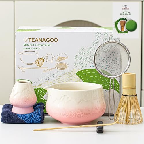 TEANAGOO 7 Pcs Matcha Whisk Set, Pink Matcha Set, Ceremony Matcha Powder Kit,Matcha Tea Set for Making Latte,Matcha Whisk Set and Bowl with Scoop&Sifter,Fuji Design Ceramic Bowl,Gift for Matcha Lovers