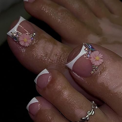 Pink Flowers French Press on Toenails Short Square, Spring Summer Glitter Fake Toe Nails with Rhinestones Designs, Full Cover Beach False Toenails, Cute Acrylic Gel Glue on Toe Nails for Women 24Pcs