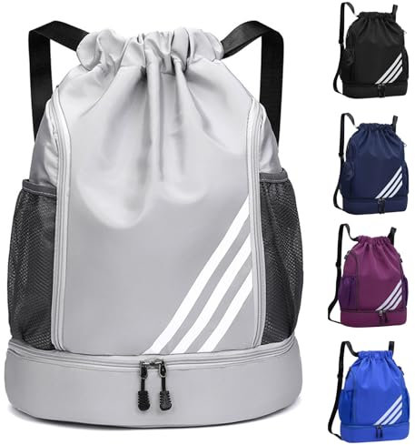 Veftsvy Turnbeutel mit Kordelzug, Wasserdicht Sportbeutel mit Schuhfach, Sportrucksack Gym Bag mit Innentasche, Außentasche, Sporttasche für Herren Damen Jungen (Grau, Einheitsgröße)