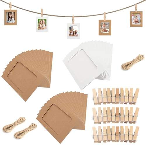 APOMOONS 30 Stück Fotorahmen aus Pappe mit 3 Fotoseil und 30 Kleine Holzklammern, 11.5x15.5cm Bilderrahmen Papier zum Aufhängen, Fotogirlande für Geburtstag Hochzeit Jubiläum DIY Fotowand, Braun Weiß