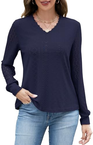 Quatrefox Tops for Women Long Sleeve Lace Blouse Ladies V Neck Shirt Casual Tunic Top Banded Cuffs Tshirt