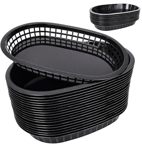 40 Stück Fast-Food-Körbe aus Kunststoff, 26,7 x 17,8 cm, schwarz, oval, Delikatekörbe, mikrowellen- und spülmaschinenfest, für Delikatessen, Huhn, Burger, Picknicks, Partys