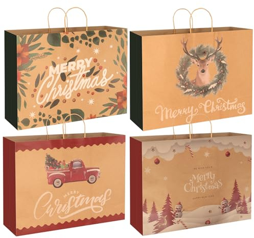 Weihnachtstüten Papier, 12 Stück Weihnachts Geschenktüten mit Griff, 4 Muster × 3, Geschenktaschen Weihnachten, Xmas Gift Bags für Geschenke & Party, Für Familien und Kinder（38×50×18cm）