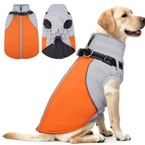 AuraPaw Hundemantel für große Hunde, wasserdichte Winterjacke mit integriertem Kragen, XXL-Hundemantel für kaltes Wetter, warme Schneejacke mit Thermo-Fleecefutter, reflektierender